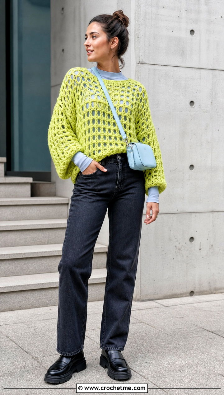 Mesh Super Bulky Crochet Sweater With Fitted Base Layer And Jeans - 25 Super Bulky Crochet Sweater outfit ideas
