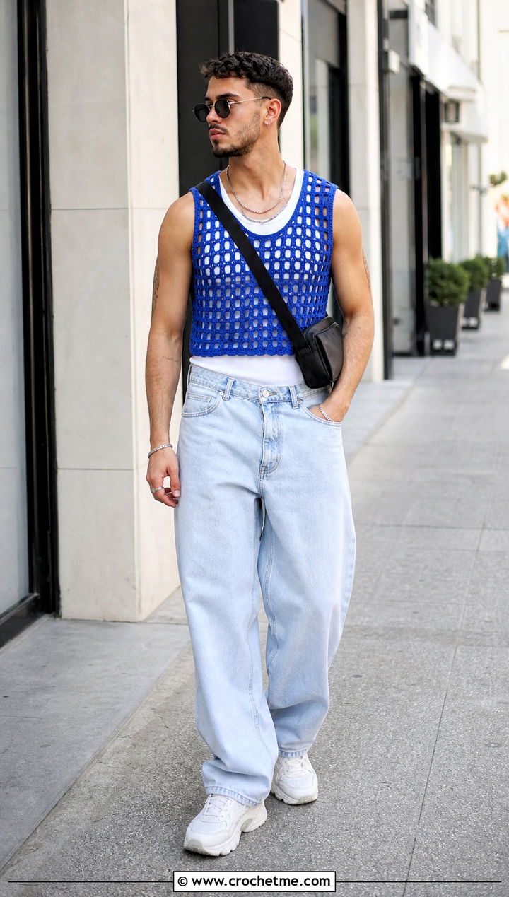 Mesh Tank Crochet Crop Top With Baggy Jeans - 25 Men Crochet Crop Top outfit ideas
