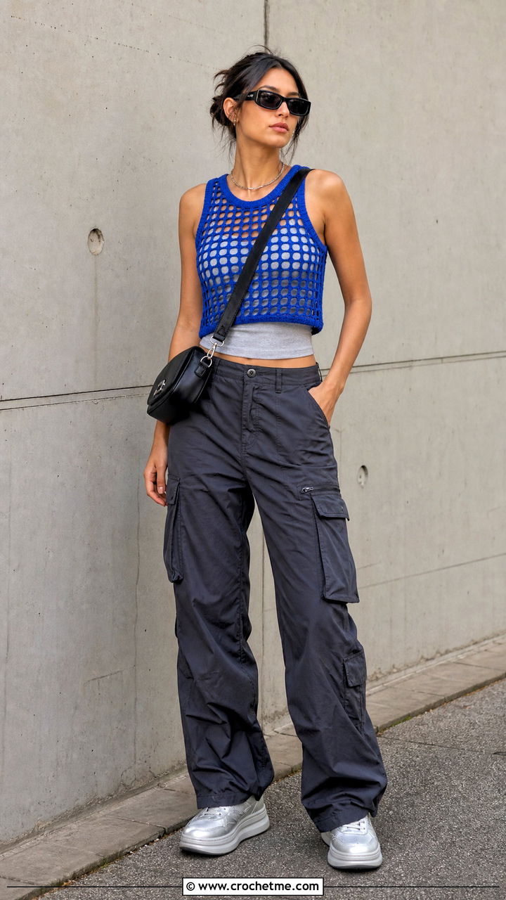 Mesh Tank Crochet Crop Top With Cargo Pants - 35 crochet crop top outfit ideas