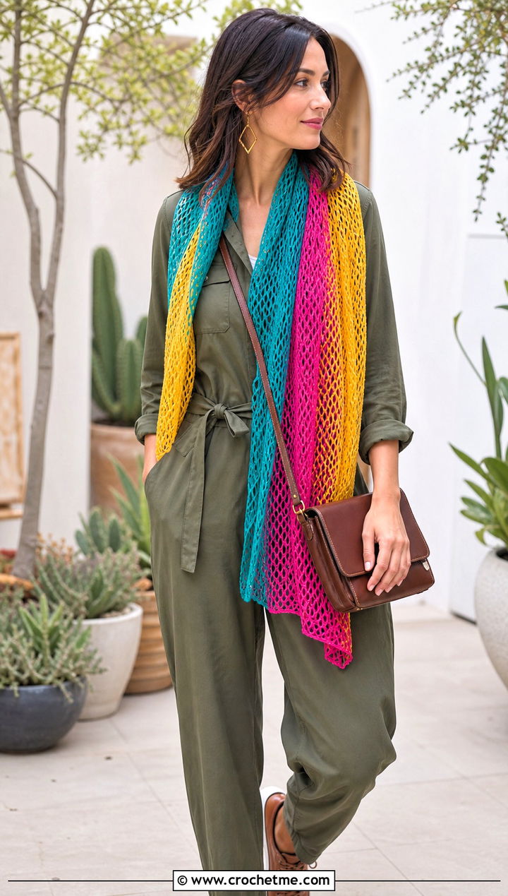 Mesh Temperature Scarf With Utility Jumpsuit - 30 crochet temperature scarf outfit ideas