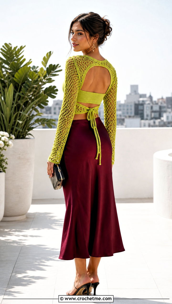 Mesh Tie Back Crochet Top With Satin Midi Skirt - 15 tie back crochet top outfit ideas