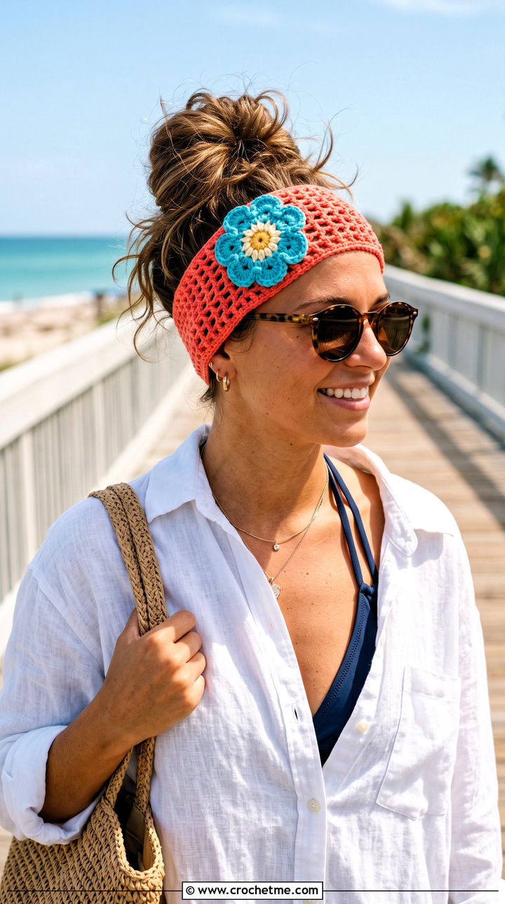 Mesh Tie Crochet Headband With Blue Flower And Linen Shorts - 15 crochet headband with blue flower outfit ideas