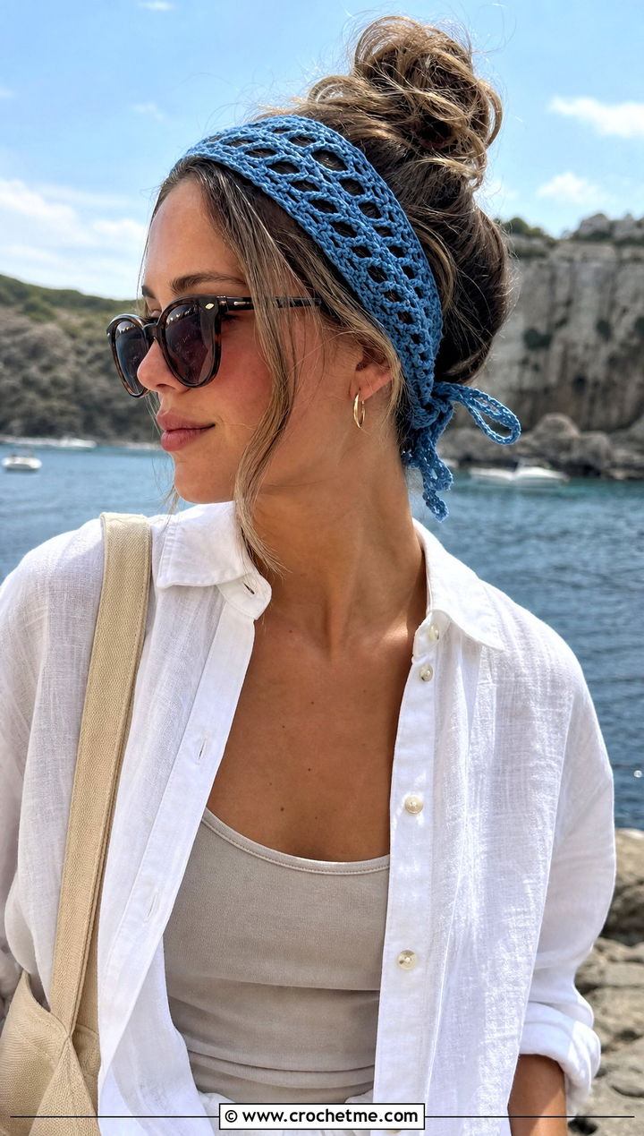 Mesh Tie Crochet Headband With Linen Shorts - 30 boho crochet headband outfit ideas