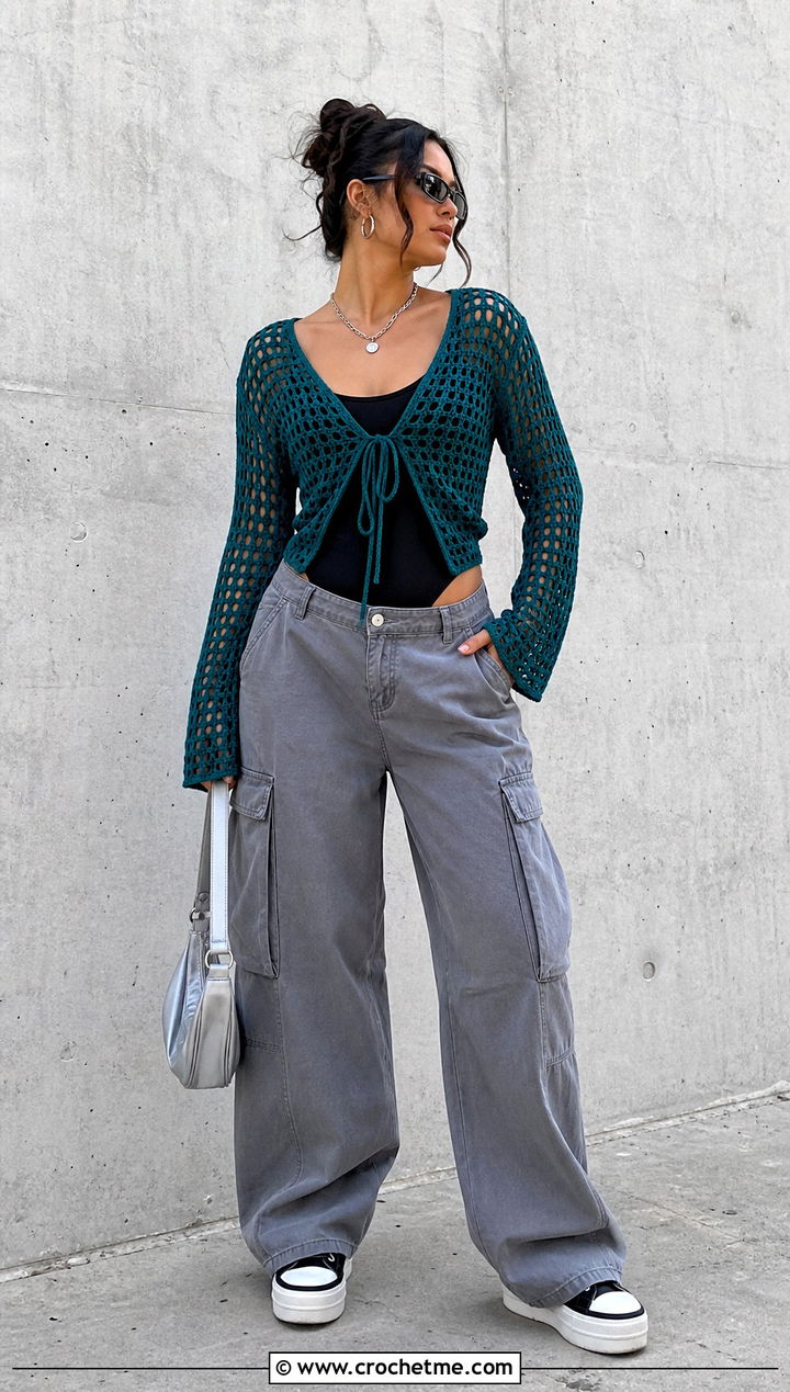 Mesh Tie Front Crochet Cardigan With Cargo Pants - 30 fast crochet cardigan outfit ideas
