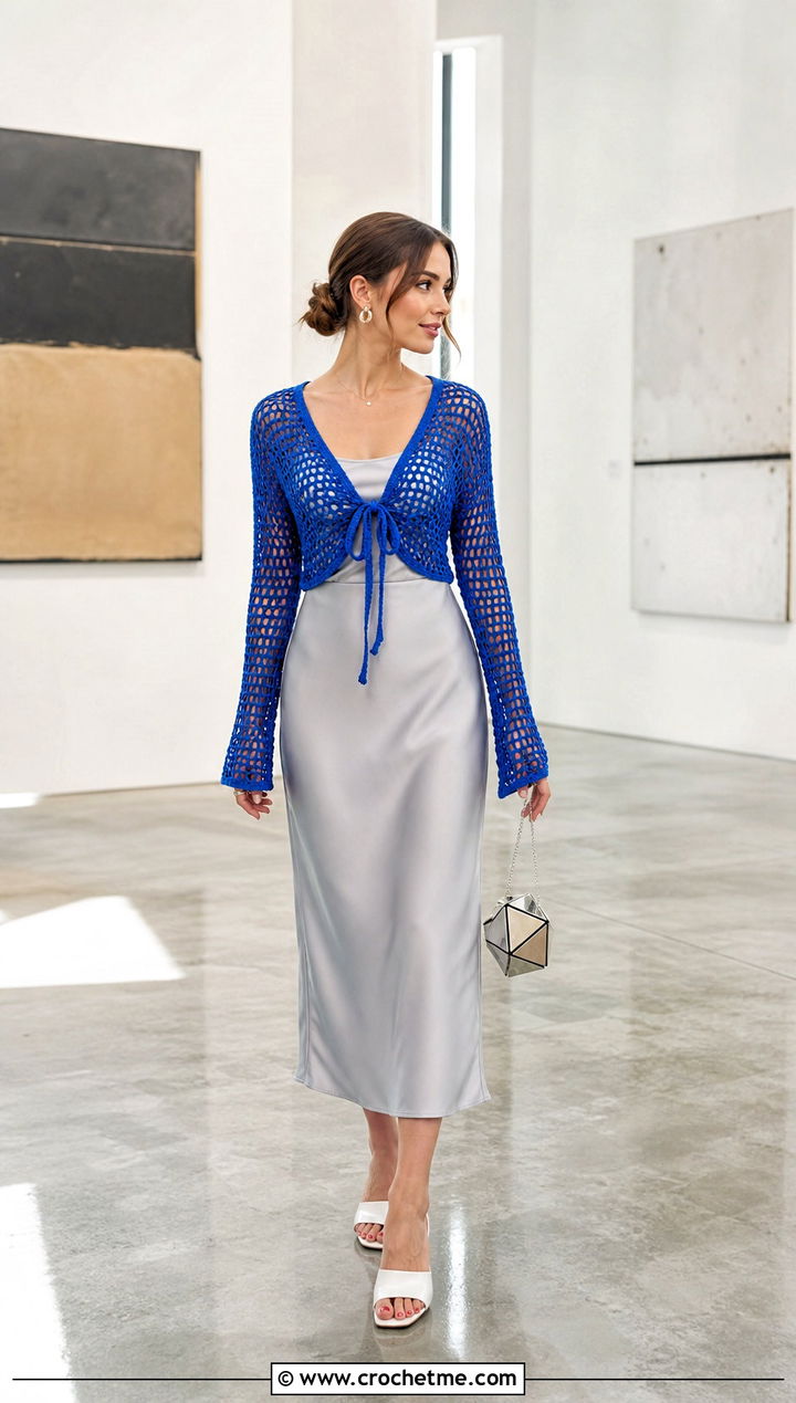 Mesh Tie Front Crochet Crop Cardigan With Satin Midi Skirt - 30 crochet crop cardigan outfit ideas
