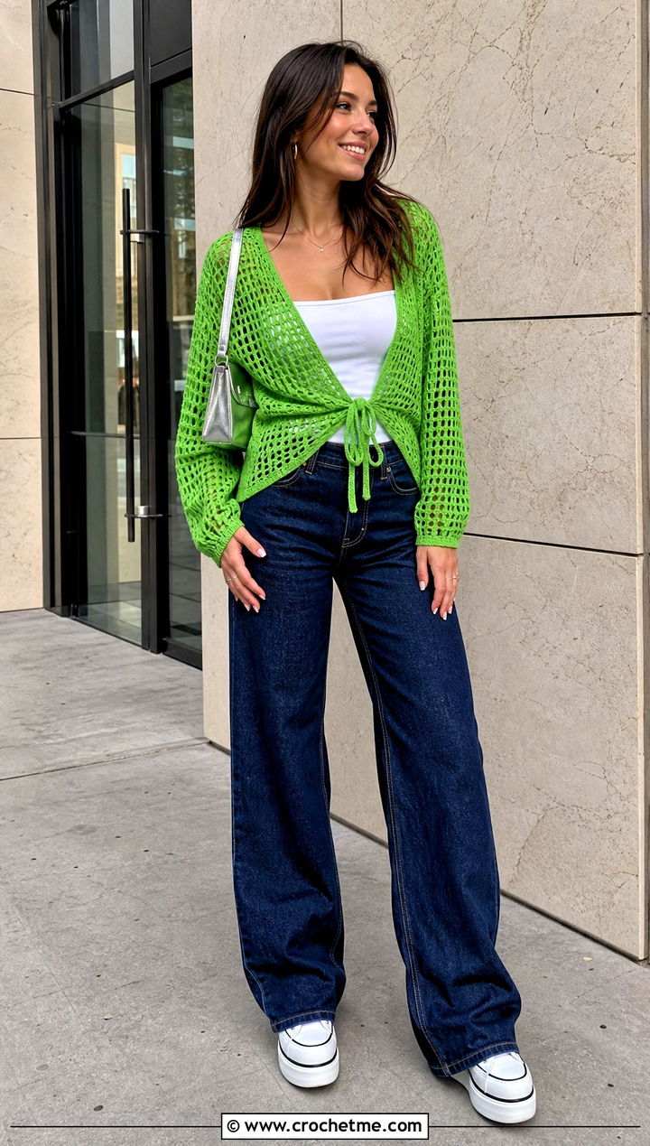 Mesh Tie Front Crochet Top With Wide Leg Jeans - 25 Crochet Top With Ties outfit ideas