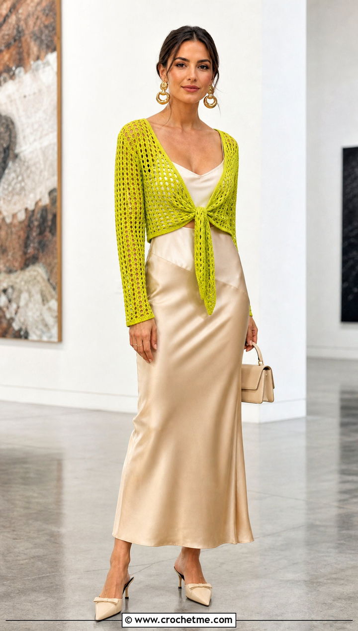Mesh Tie Front Cropped Cardigan With Satin Slip Skirt - 25 crocheted cropped cardigan outfit ideas