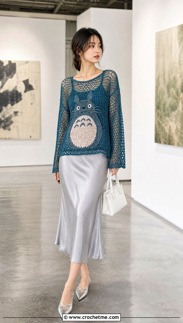 Mesh Totoro Crochet Top With Satin Slip Skirt - 25 Totoro Crochet Top outfit ideas