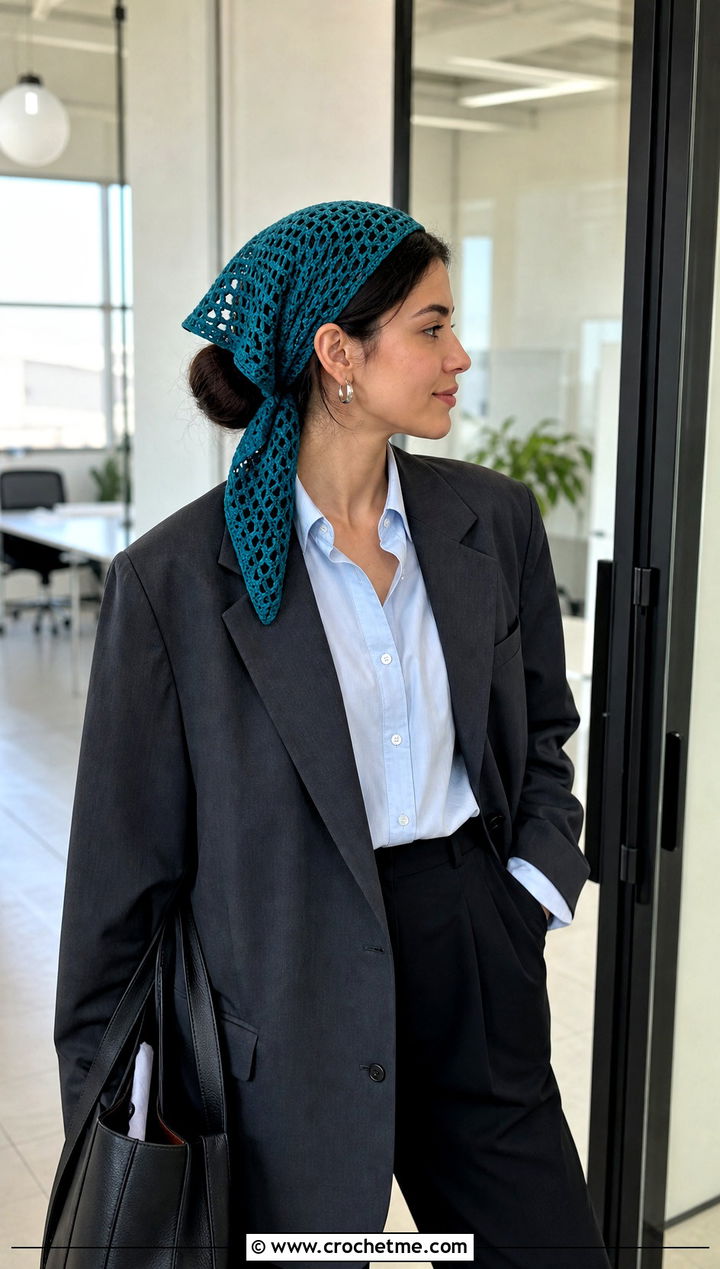 Mesh Triangle Bandana Crochet Scarf With Oversized Blazer - 20 Bandana Crochet Scarf outfit ideas