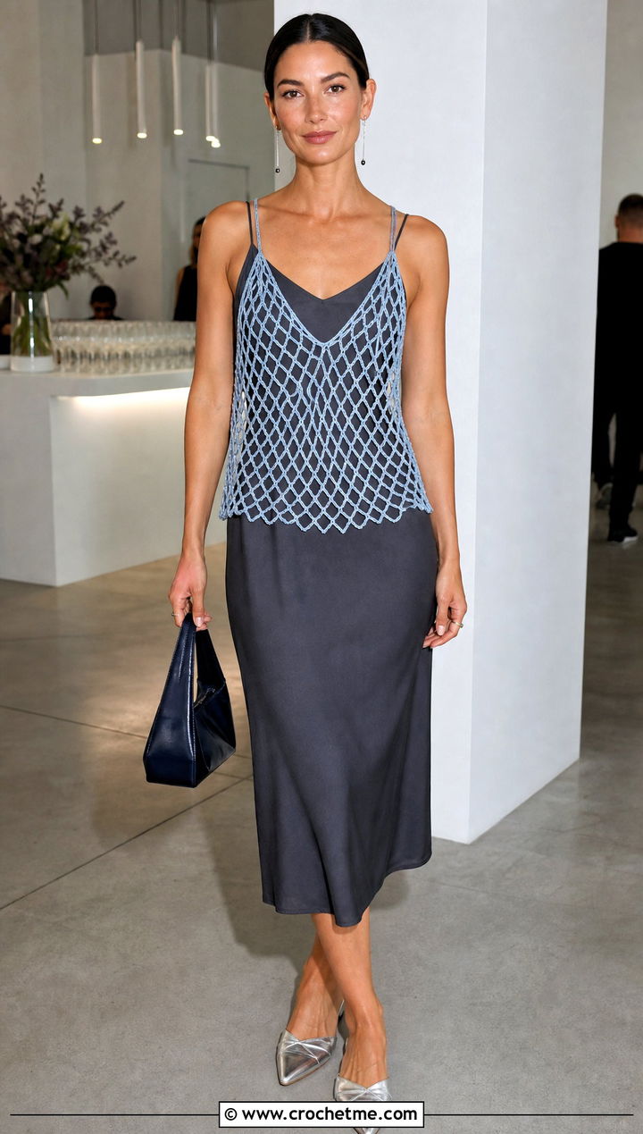 Mesh Triangle Crochet Top Over A Slip Dress - 25 Triangle Crochet Top outfit ideas