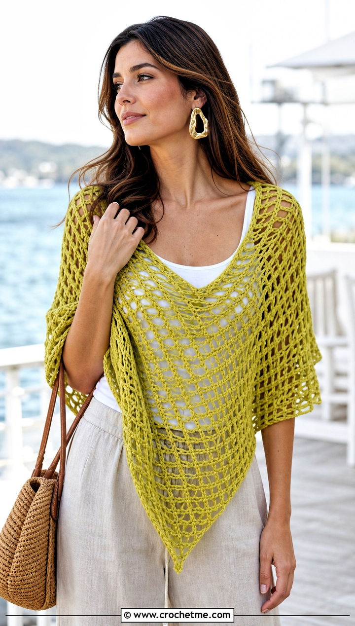 Mesh Triangle Shawl With Tank Top And Wide Leg Pants - 30 easy crochet triangle shawl outfit ideas