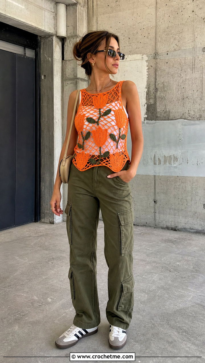 Mesh Tulip Crochet Top With Cargo Pants - 30 crochet tulip top outfit ideas