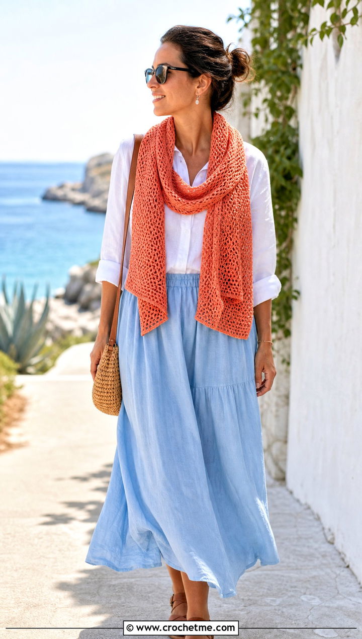 Mesh Tunisian Crochet Scarf With Linen Shirt and Midi Skirt - 20 Easy Tunisian Crochet Scarf outfit ideas