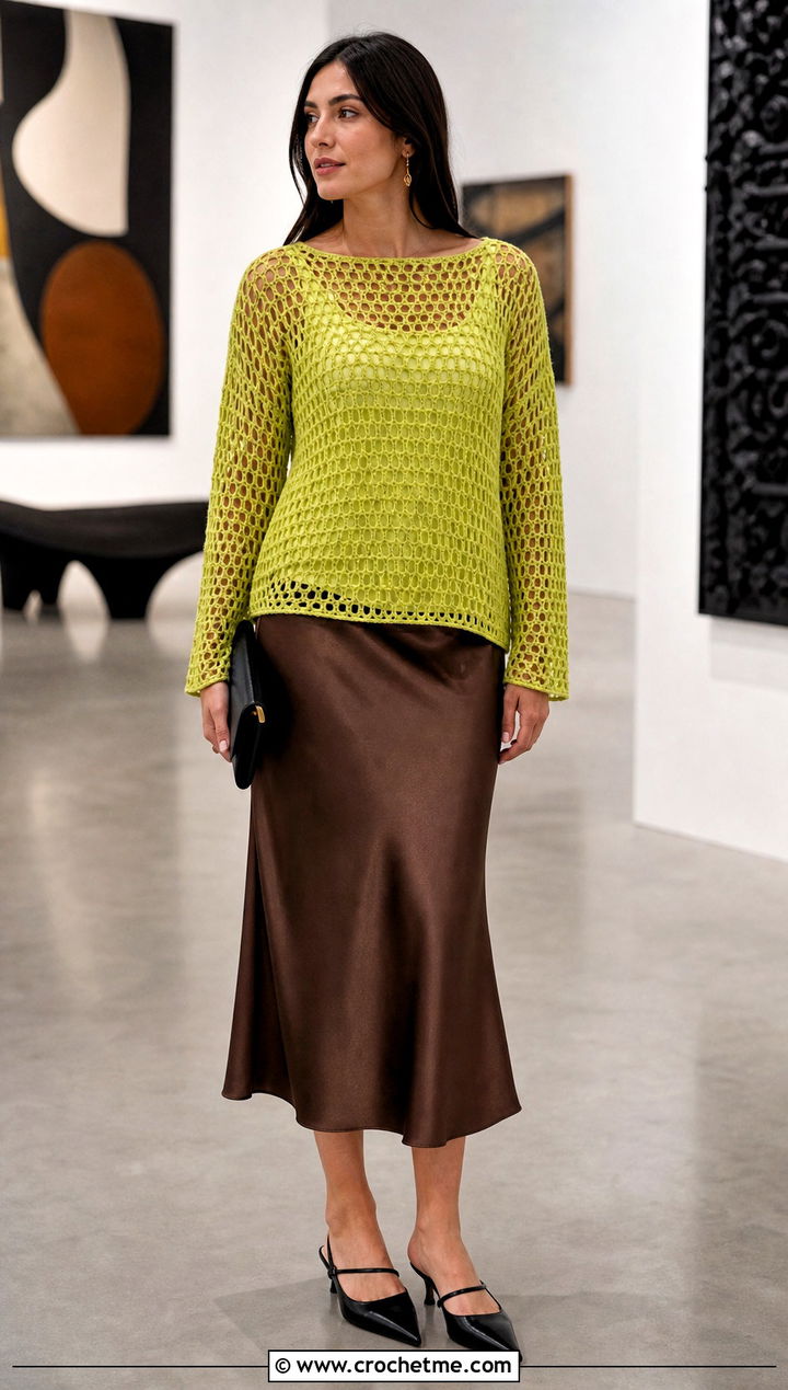 Mesh Tunisian Crochet Shirt With Satin Midi Skirt - 20 Tunisian Crochet Shirt outfit ideas