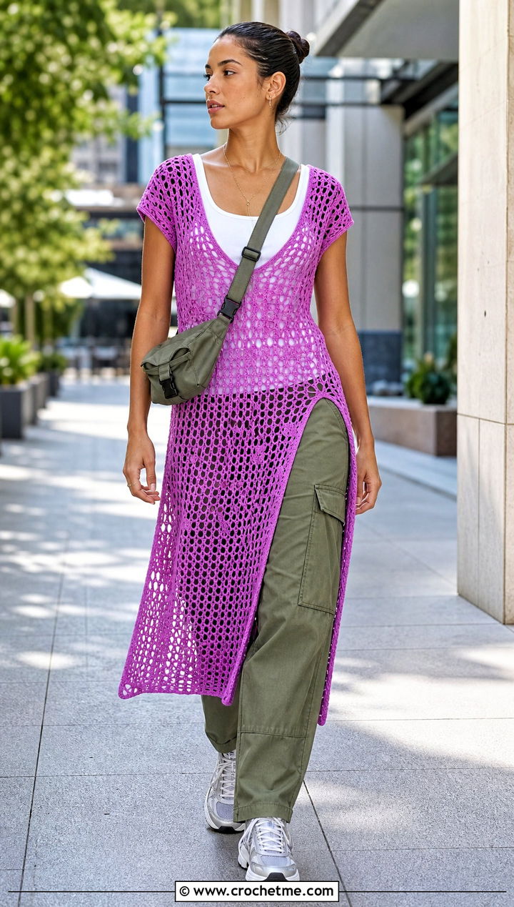 Mesh V Neck Crochet Dress With Cargo Pants And Trainers - 25 v neck crochet dress outfit ideas