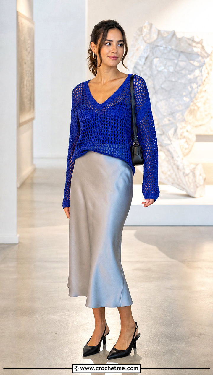 Mesh V Neck Crochet Sweater With Satin Midi Skirt - 20 Crochet Lightweight Sweater outfit ideas