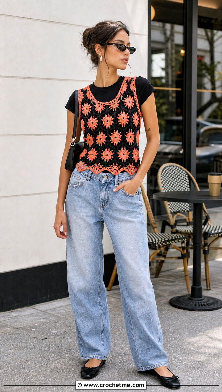 Mesh Wednesday Crochet Vest With Barrel Jeans - 30 wednesday crochet vest outfit ideas