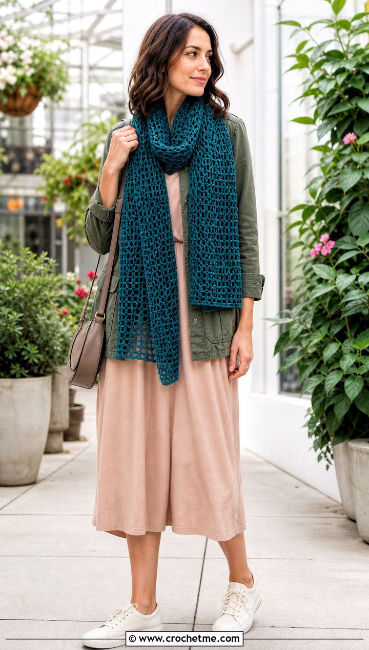 Mesh Worsted Weight Crochet Scarf With Utility Jacket - 20 Crochet Scarf Worsted Weight Yarn outfit ideas