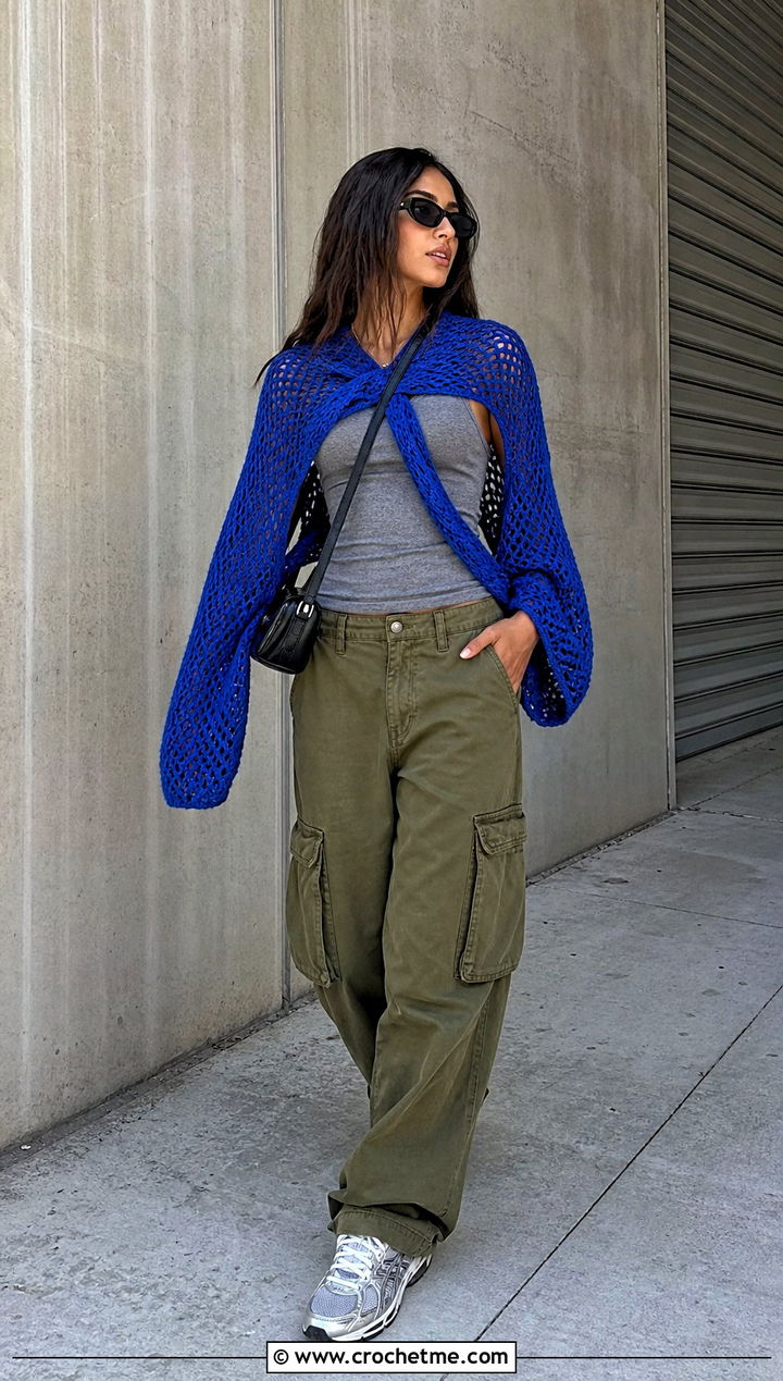 Mesh Wrap Around Shrug With Cargo Pants - 25 Crochet Wrap Around Shrug outfit ideas