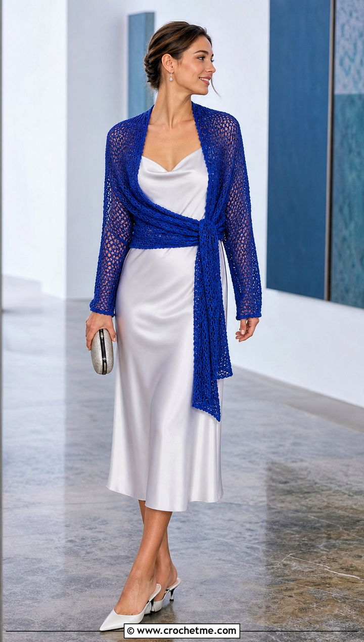 Mesh Wrap Around Shrug With Slip Dress - 25 crochet wrap around shrug with sleeves outfit ideas