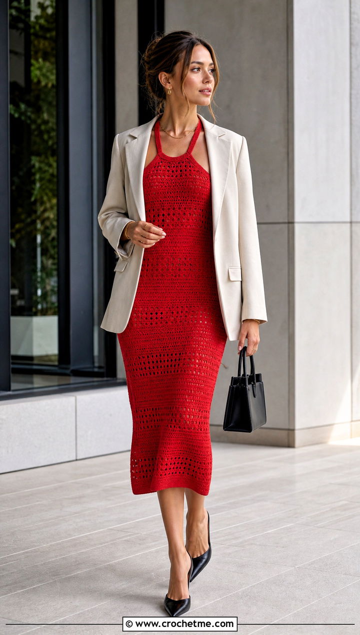 Meshki Crochet Halter Midi Dress With Tailored Blazer - 30 Meshki Crochet Dress outfit ideas