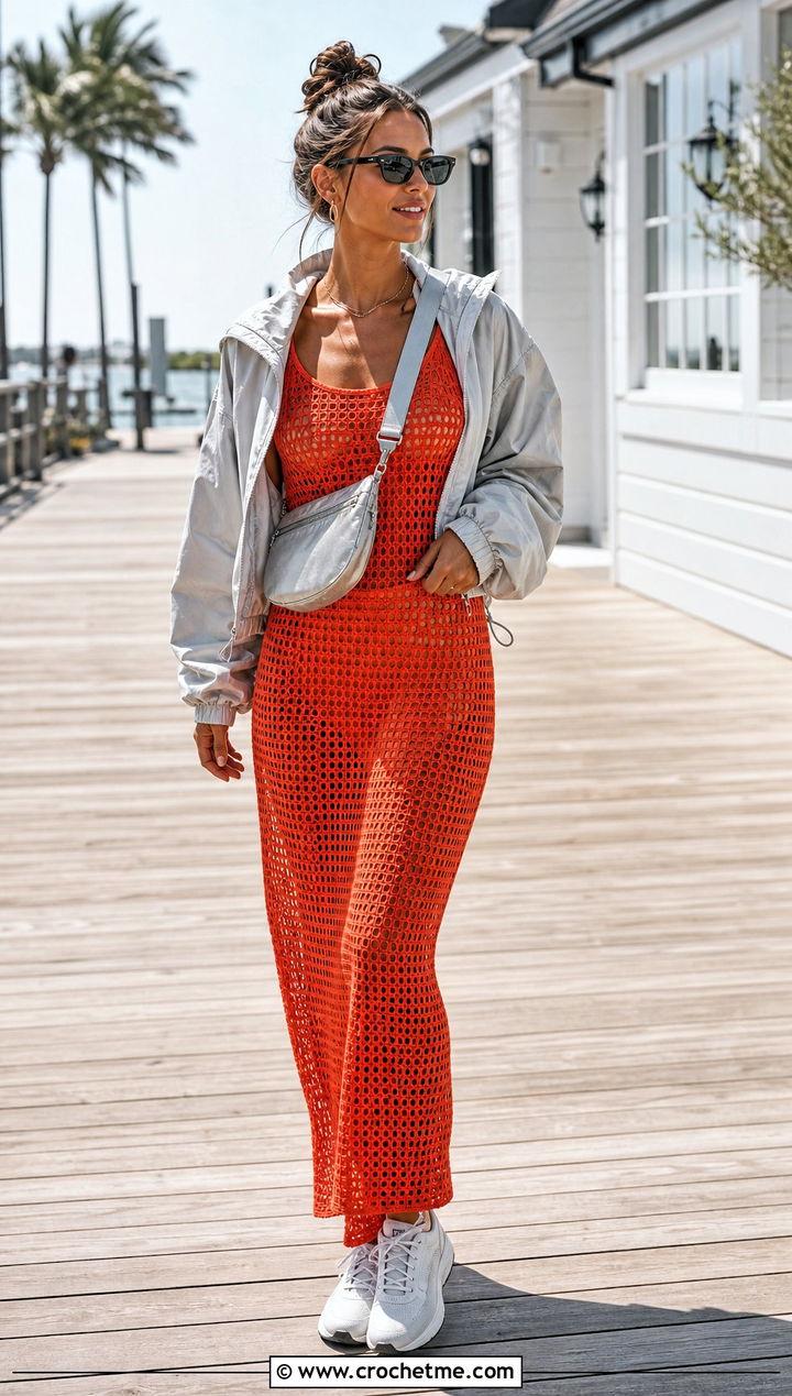 Meshki Crochet Tank Maxi Dress With Sporty Windbreaker - 30 Meshki Crochet Dress outfit ideas