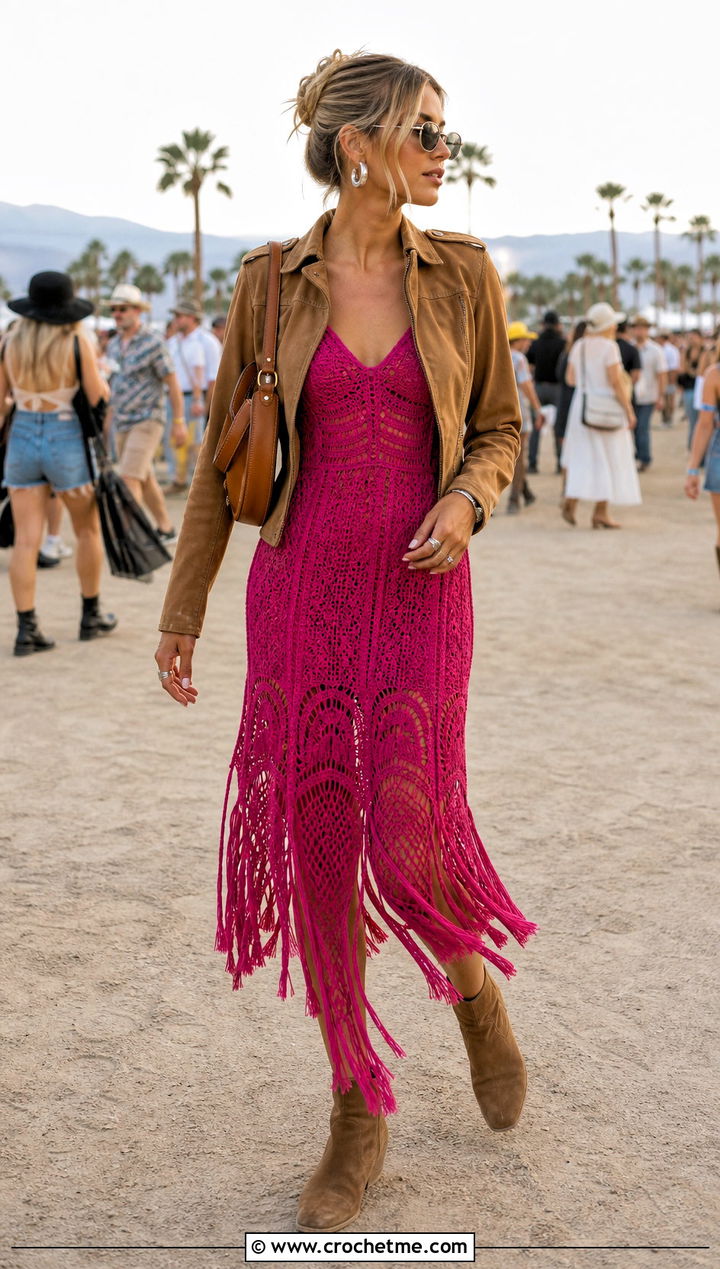 Meshki Fringe Crochet Midi Dress With Suede Jacket - 30 Meshki Crochet Dress outfit ideas