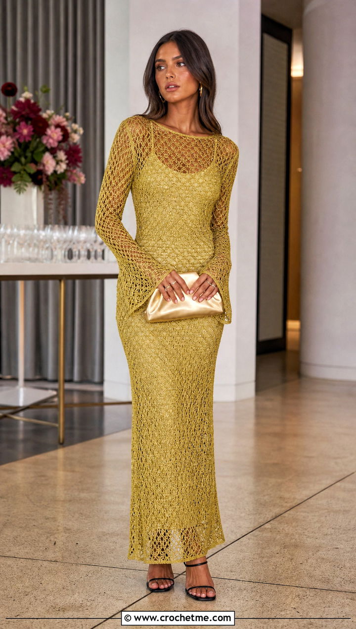 Meshki Lurex Crochet Maxi Dress With Minimal Heels - 30 Meshki Crochet Dress outfit ideas