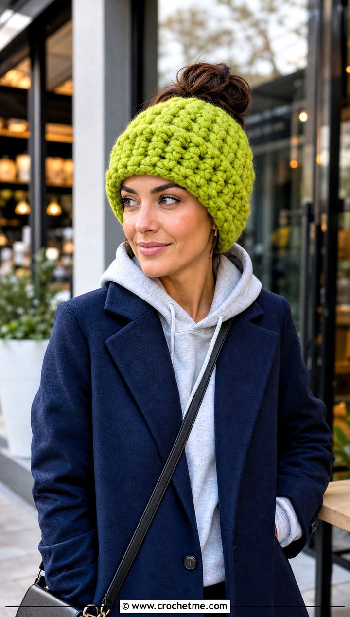 Messy Bun Beanie With Hoodie And Tailored Coat - 15 Crochet Beanie With Super Bulky Yarn outfit ideas