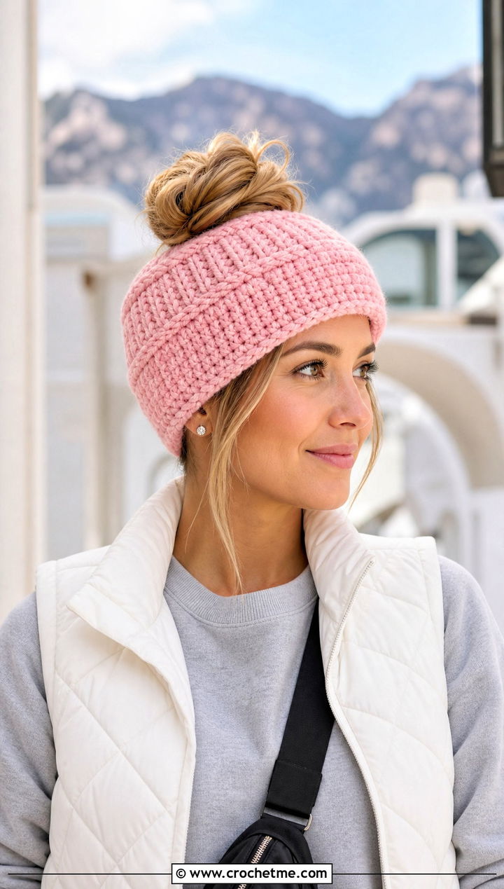Messy Bun Beanie With Matching Sweatsuit - 25 one skein crochet hat outfit ideas