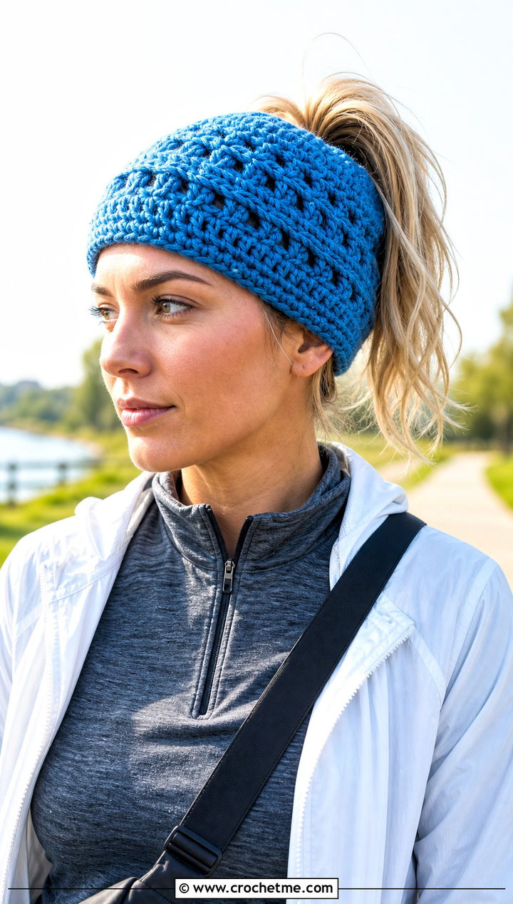 Messy Bun Burst Crochet Beanie With Athleisure - 15 burst crochet beanie outfit ideas