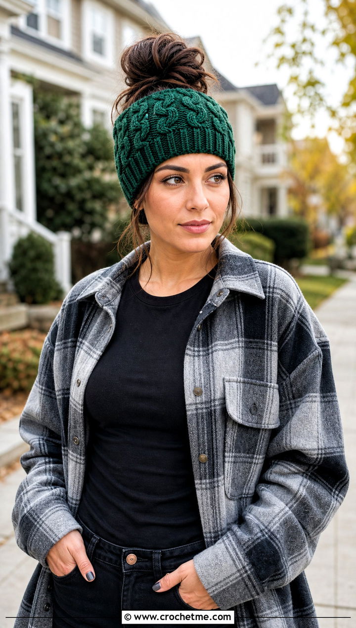 Messy Bun Cable Hat With Shacket And Leggings - 25 Crochet Cable Stitch Hat outfit ideas