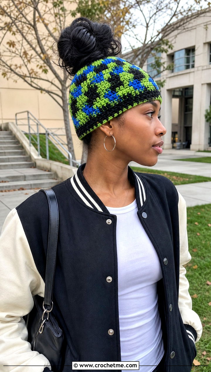 Messy Bun Camo Crochet Beanie With Varsity Jacket - 20 Camo Beanie Crochet Hat outfit ideas