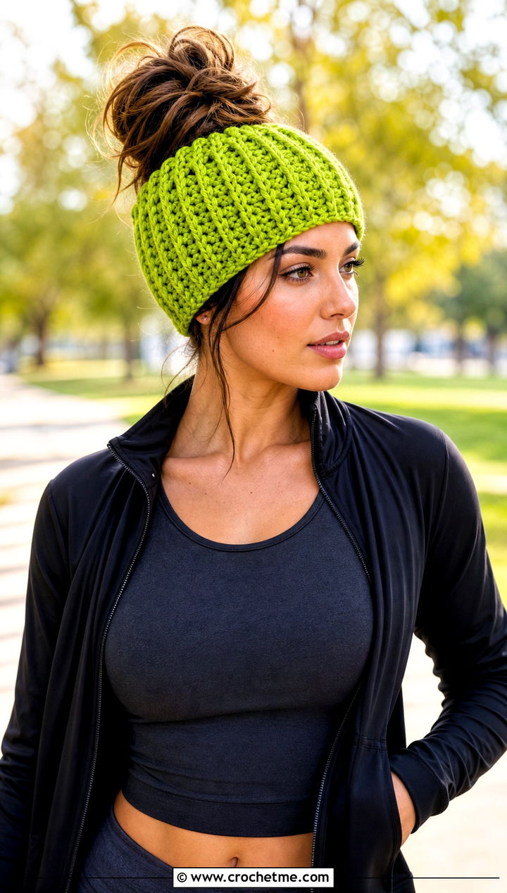 Messy Bun Crochet Beanie With Activewear - 25 Quick Crochet Hats outfit ideas