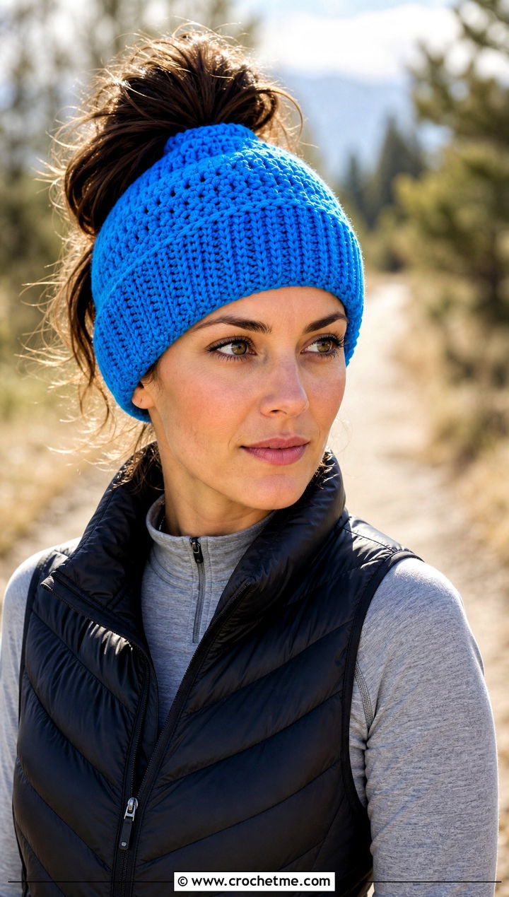 Messy Bun Crochet Beanie With Athleisure Outfit - 35 basic crochet beanie outfit ideas