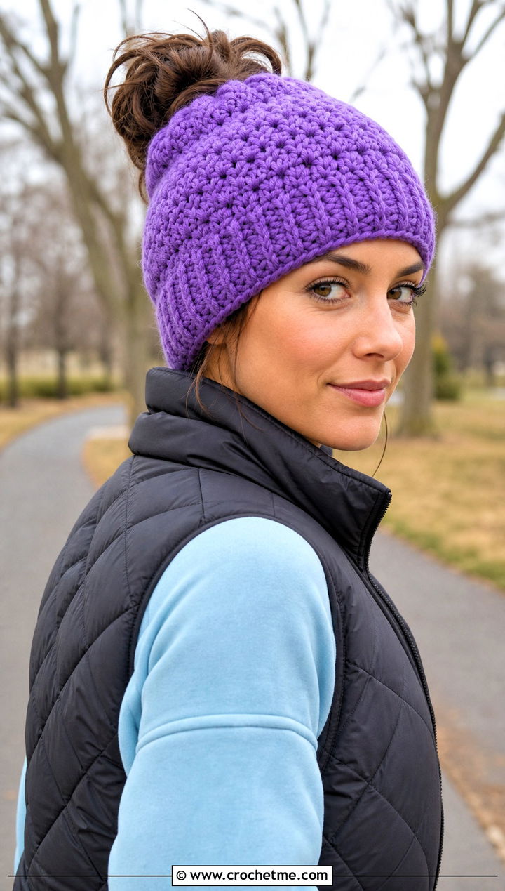 Messy Bun Crochet Beanie With Athleisure Set - 30 crochet beanies for women outfit ideas