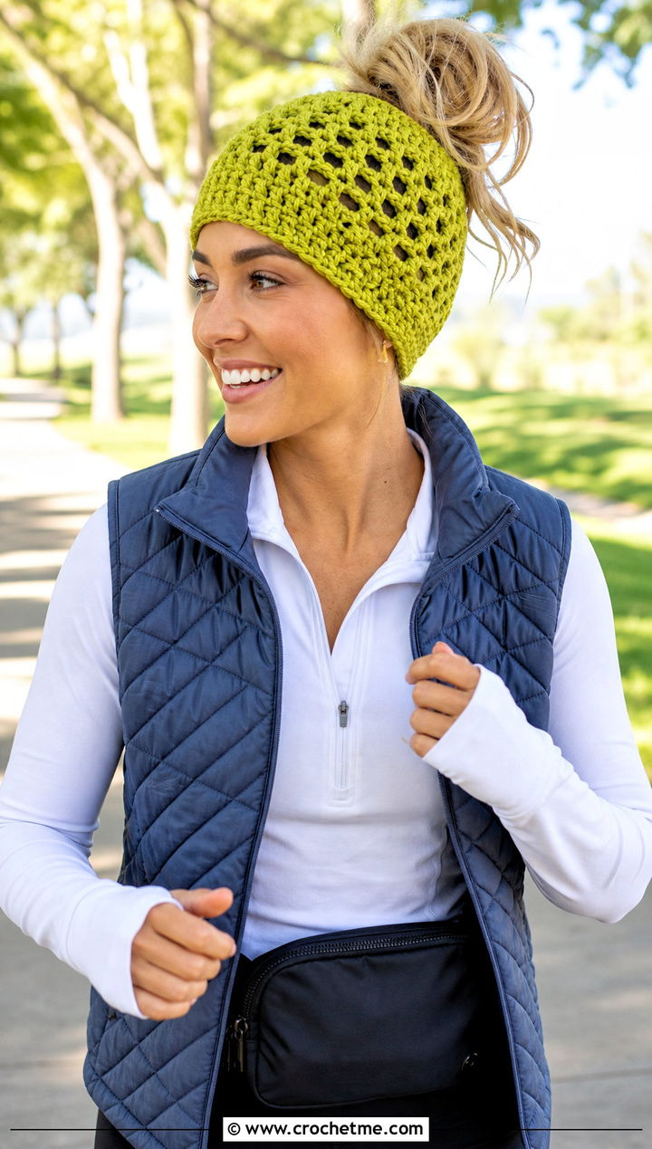 Messy Bun Crochet Beanie With Athleisure - 20 Warm Crochet Hat outfit ideas