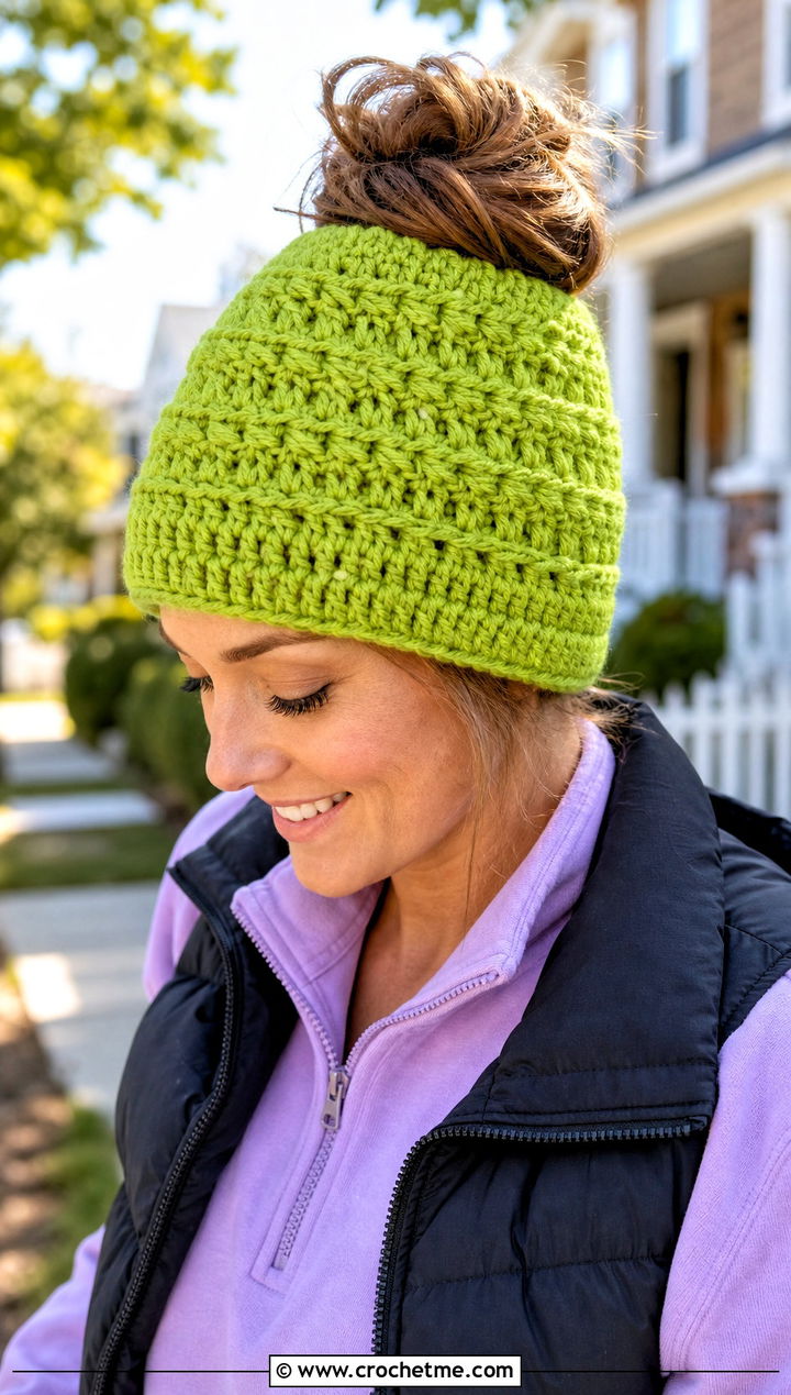 Messy Bun Crochet Beanie With Half Zip Sweatshirt And Joggers - 15 Easy Crochet Hats For Women outfit ideas