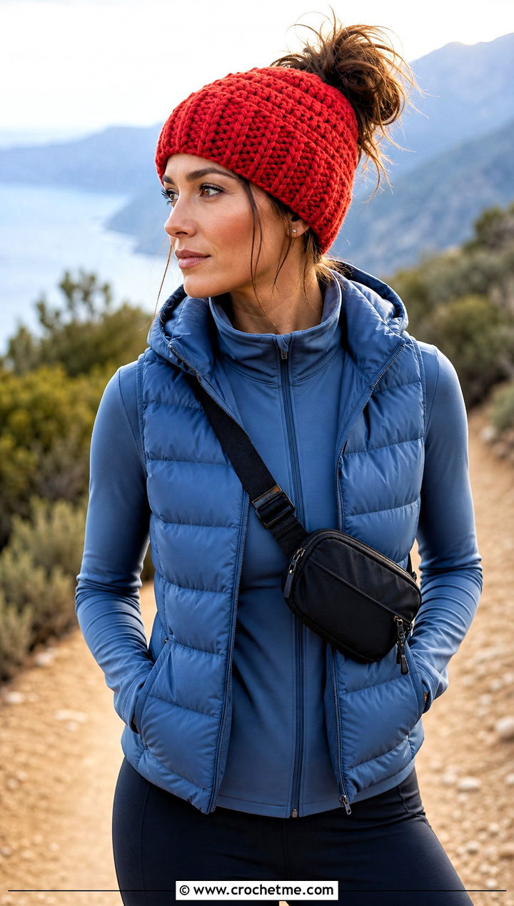 Messy Bun Crochet Beanie With Matching Athletic Set - 15 Crochet Woolly Hat outfit ideas
