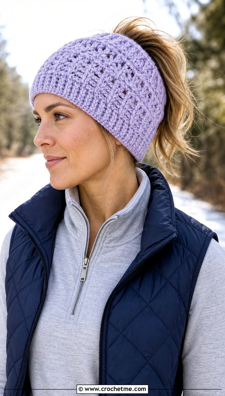 Messy Bun Crochet Beanie With Quarter Zip And Joggers - 15 Easy Crochet Beanies For Beginners outfit ideas