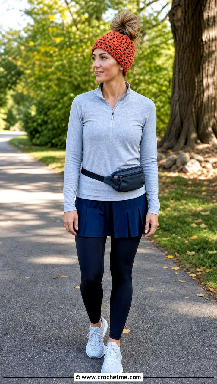 Messy Bun Crochet Beanie With Quarter Zip And Tennis Skirt - 20 unique crochet beanie outfit ideas
