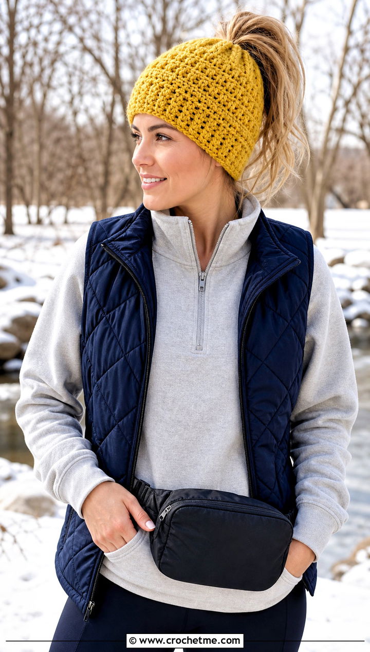 Messy Bun Crochet Beanie With Quilted Vest And Joggers - 25 winter crochet hat for women outfit ideas