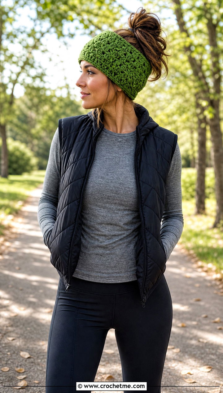 Messy Bun Crochet Beanie With Quilted Vest And Leggings - 30 easy crochet winter hat outfit ideas