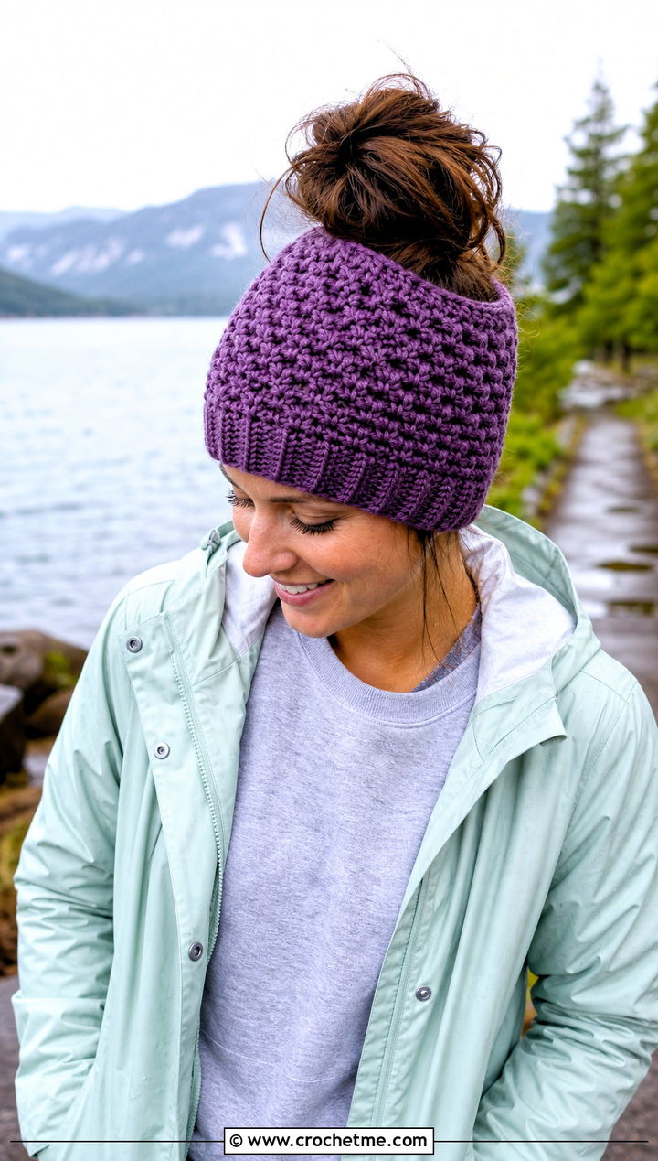 Messy Bun Crochet Beanie With Raincoat - 25 lakeside crochet beanie outfit ideas