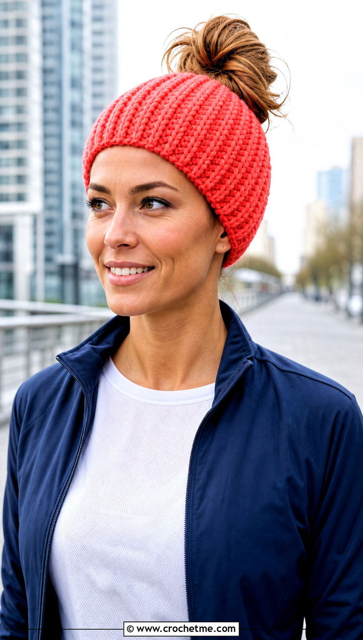 Messy Bun Crochet Beanie With Running Layers - 30 knit look crochet beanie outfit ideas