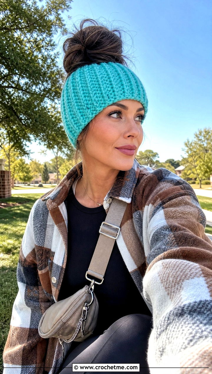 Messy Bun Crochet Beanie With Shacket - 25 Women Crochet Beanie outfit ideas