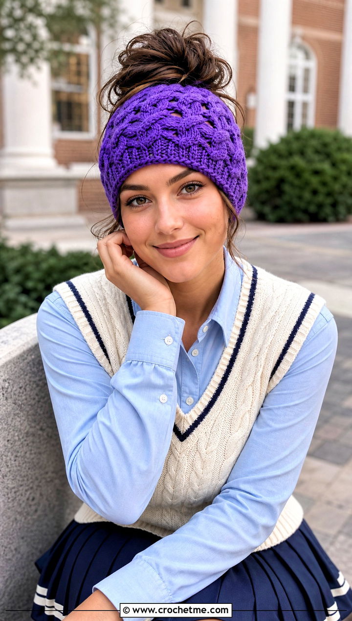 Messy Bun Crochet Cable Twist Hat With Preppy Layers - 15 Crochet Cable Twist Hat outfit ideas