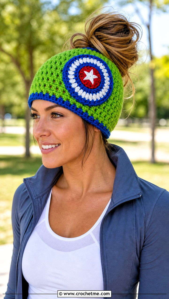 Messy Bun Crochet Captain America Beanie With Athleisure Set - 25 Crochet Captain America Hat outfit ideas
