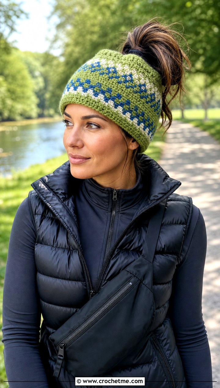 Messy Bun Crochet Fair Isle Beanie With Athleisure Set - 20 Crochet Fair Isle Beanie outfit ideas