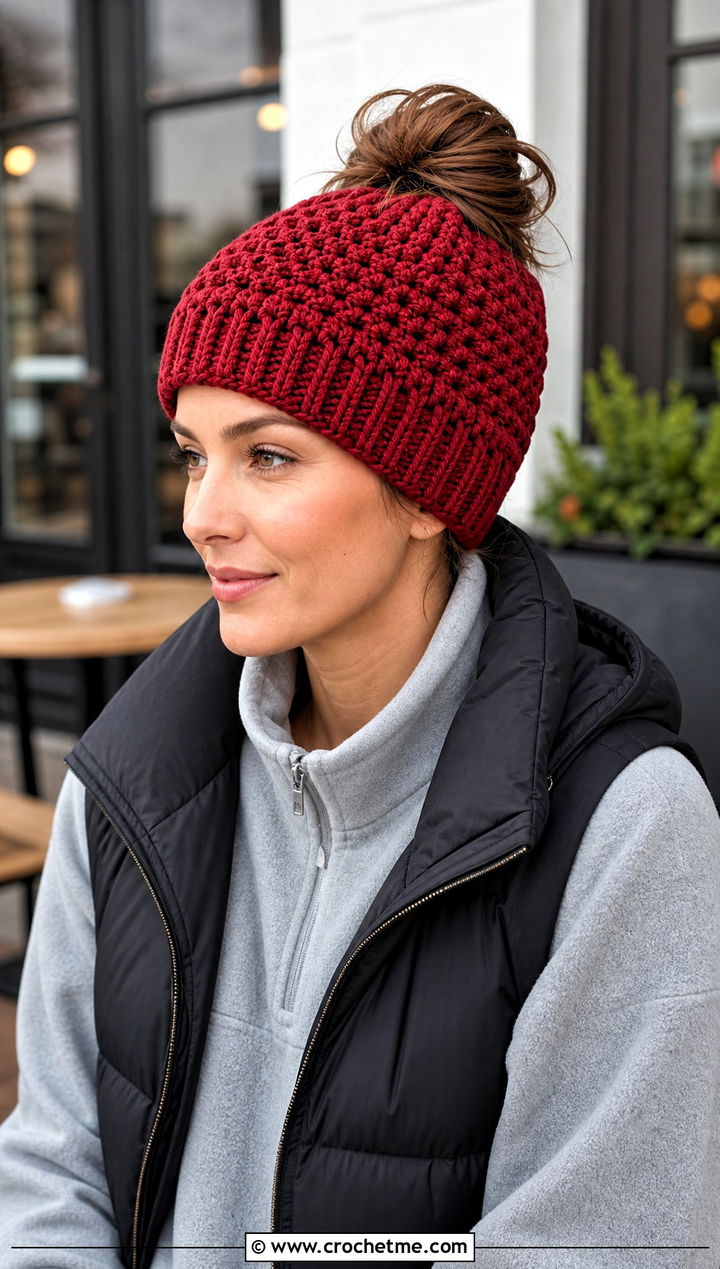 Messy Bun Crochet Hat With Athleisure Set - 30 winter crochet hats outfit ideas